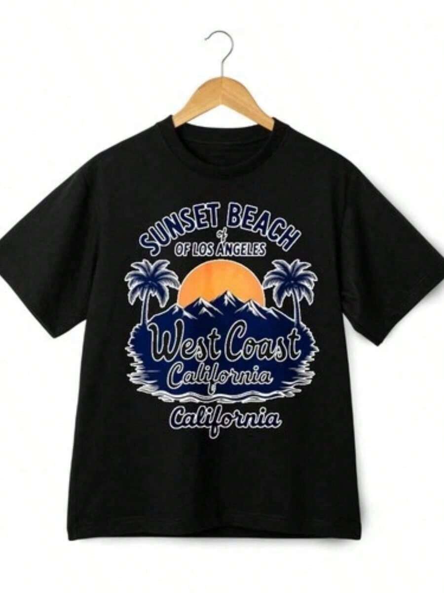 Camiseta de la Playa Sunset de la Oeste de California - Camiseta Gráfica Retro de Los Ángeles para Hombres y Mujeres - Negro - Ver 1