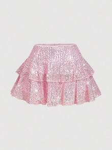 MOD Falda de cintura baja con doble volante con lentejuelas para mujer - Rosa - Ver 9
