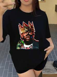 Women's Plus Size Hip Hop Graphic T-Shirt - White, Crew Neck, With Rapper Crown Print And Bold Design, Machine Washable, Streetwear For Concerts And Festivals - 黑色 - 查看 8