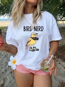Women Pure Cotton T Shirt Bird Nerd Fun Print Cute T Shirt Summer Clothing Y2k Fashion High Quality Summer Wear Party Women's Outfit Trendy Graphic Tee For Nature Lovers And Bird Watching Enthusiasts Casual Beach Look With Playful Design Perfect For Outdoor Adventures And Vacation Style - Blanco - Ver 1