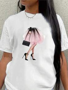Camiseta ligera y duradera de manga corta con un diseño elegante de bailarina, ideal para el uso casual en casa o durante las salidas, hecha de tela suave para todos los días para comodidad - Blanco - Ver 2