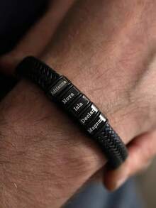 1pc Personalized Men's Name Beaded Leather Bracelet, Customized Gift For Father's Day, Birthday Gift For Dad, Husband, Boyfriend, Black Bracelet, Gift For Him, Wristbands - Black - View 4