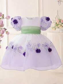 Young Girls Round Neck 3D Floral Contrast Print Pattern Mesh Organza Elegant Party Dress, Headband Not Included - Multicolor - View 3