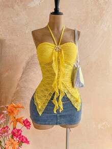 Camiseta asimétrica con decoración de conchas marinas, adecuada para vacaciones en la playa, verano - Amarillo 2 - Ver 9
