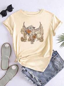 Camiseta de mujer con estampado de cactus y cabeza de vaca, Camiseta de manga corta deportiva informal y holgadaPure-Cotton - Albaricoque - Ver 7
