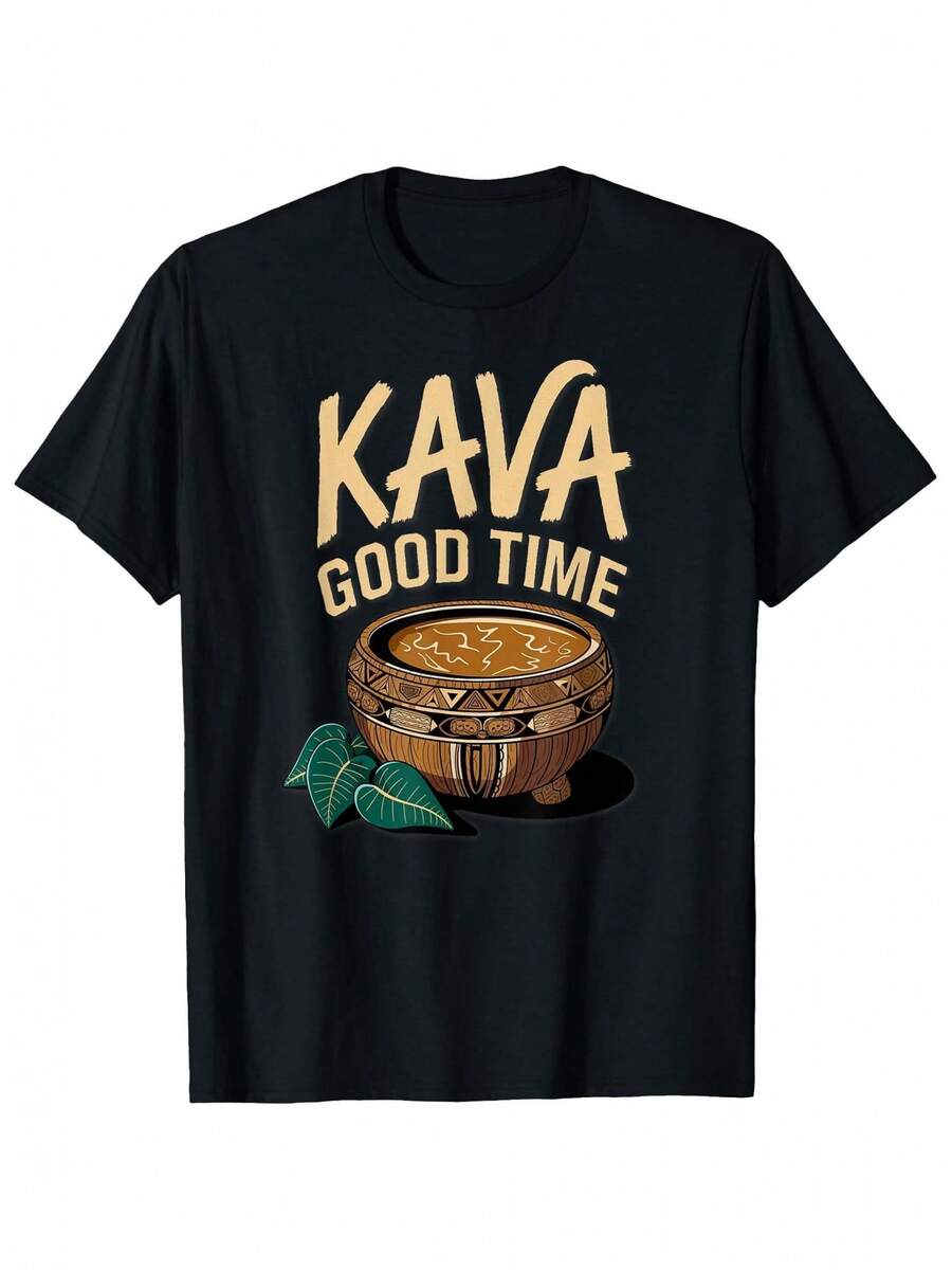 Camiseta gráfica de KAVA para hombre "Good Time" -  , ligera y transpirable, negra con letras doradas y diseño de rayón de bambú, camiseta casual de verano para ropa casual, camiseta moderna de estilo casual para verano - Negro - Ver 1