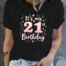 21st Birthday Graphic T-Shirt Fclothes Women - Vibrant Green With Pink And White Star Print, Shclothest Sleeve Round Neck Casual, Stretchy Clotheshine - 黑色 - 查看 1