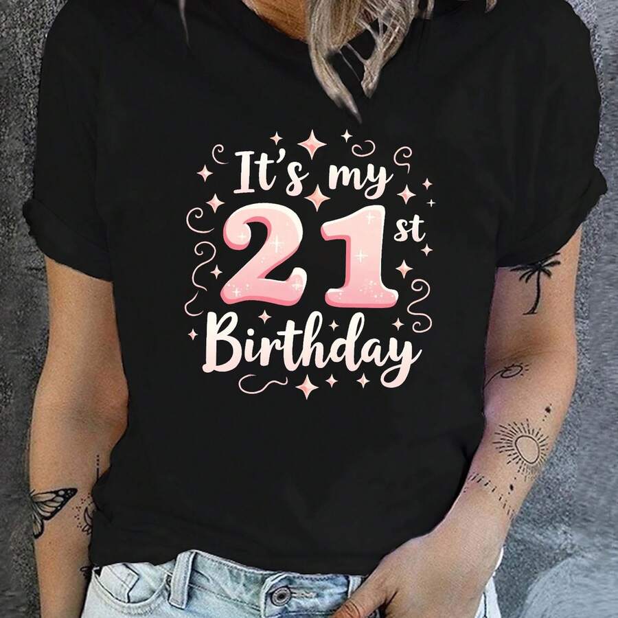 21st Birthday Graphic T-Shirt Fclothes Women - Vibrant Green With Pink And White Star Print, Shclothest Sleeve Round Neck Casual, Stretchy Clotheshine - 黑色 - 查看 1