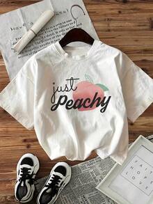 Women's Casual T-Shirt, Ideal For Everyday Wear And The Office. Made From 100% Natural Fabric With A Cute Letter And Number Print. Slim Fit, Casual Style, Perfect For Spring, Summer, And Fall. Short Sleeves. Women's Clothing. - 白色的 - 查看 7