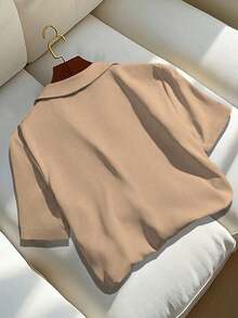 Camisa de manga corta con cuello vuelto de color sólido para mujer, estilo casual, para verano - Marrón 2 - Ver 2
