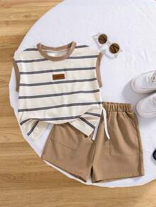 2pcs/Set Boys' Casual Striped Splice Collar Sleeveless Top And Solid Color Pocket Drawstring Shorts, Spring/Summer - Khaki - View 2