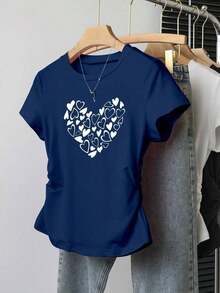 Blusa casual de mujer con estampado de leopardo, cintura fruncida, adecuada para exteriores, citas, vuelta al colegio, versátil, color vino tinto con diseño de corazón - Azul marino - Ver 7