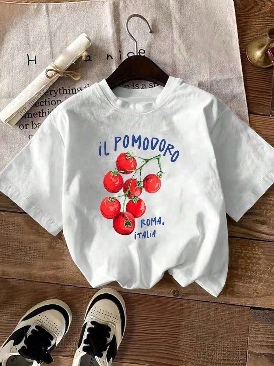 Korean 1 Piece Fashion Casual T-Shirt For Men And Women With Tomato Print, New Summer T-Shirt For Women, Short Sleeve, Casual Print, Stylish Ladies Clothing, Versatile, Easy To Match, Suitable For Daily Wear, Urban Style, Vacation Wear, Weekend Wear. Graphic Print T-Shirt - 白色 - 查看 1