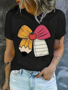 Soft 100%cottonSoft 100%cottonT-shirtCamiseta mujer casual gráfica lazo creativo lápiz cuaderno colores vivos holgada cuello redondo manga corta primavera verano diariaBreathable Cotton Tee, All Matchcoolcool - Negro - Ver 6