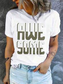 Women's Short-Sleeved T-Shirt, Casual Style, Round Neck, Creative Prints, Simple Design, Ideal For Spring And Summer, Modern And Individualistic, Suitable For All Seasons. Graphic T-Shirt, Women's Graphic T-Shirts, Summer T-Shirt, Casual T-Shirt, Women's Vacation Wear, Youthful And Fashionable Design. - 白色 5 - 查看 7