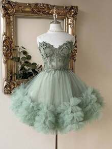 Elegante y lujoso vestido corto hecho a mano con aplicaciones bordadas, encaje de ganchillo y parches de satén, con abertura en la cintura, adecuado para citas, fiestas de solteros, galas, bailes, Día de San Valentín - Verde - Ver 9