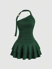 Nuevo vestido mini de cintura estrecha y multinivel con collar colgante en espiral, diseño de joyería dorada para mujeres - Verde Oscuro - Ver 1