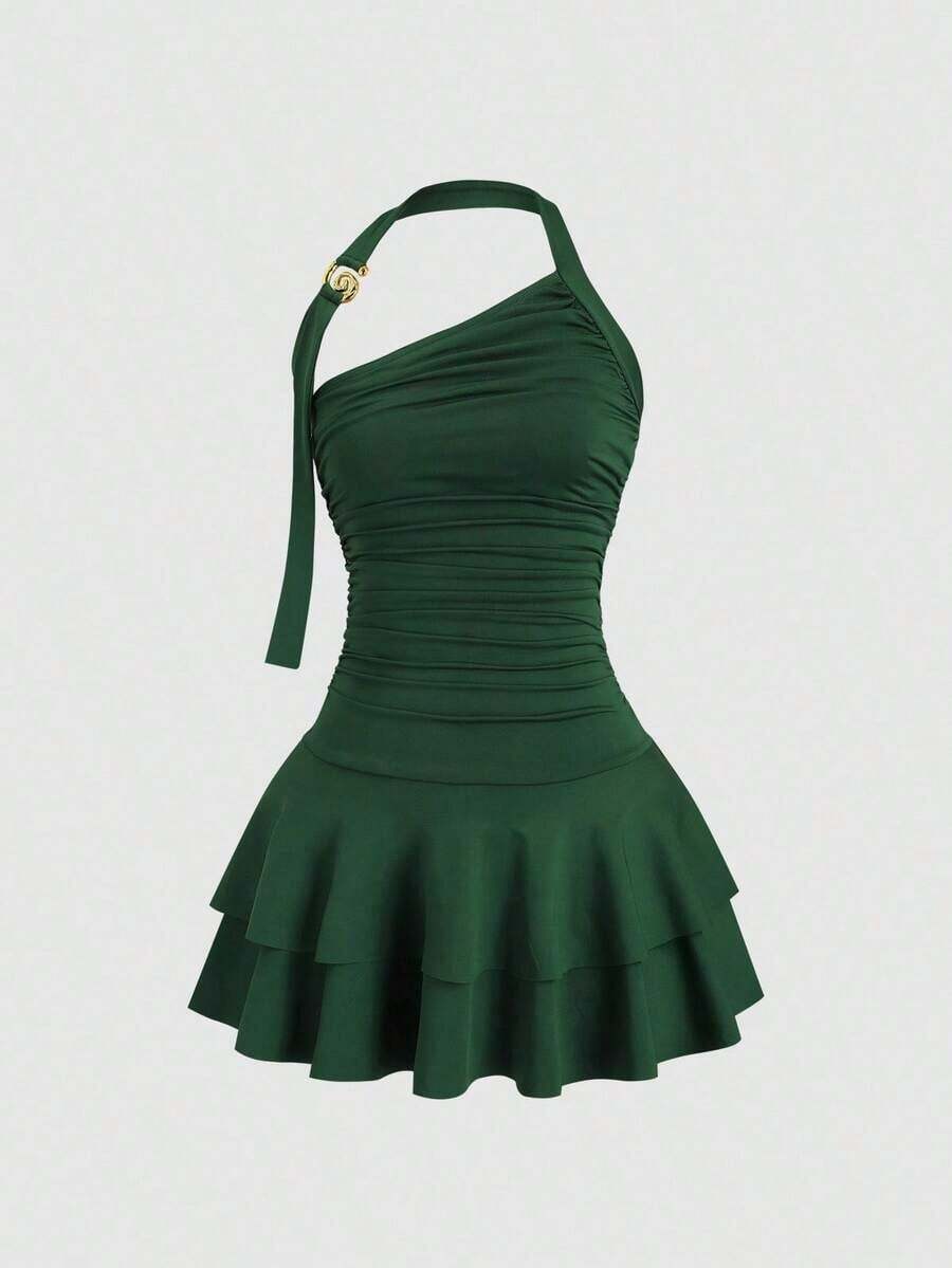 Nuevo vestido mini de cintura estrecha y multinivel con collar colgante en espiral, diseño de joyería dorada para mujeres - Verde Oscuro - Ver 1