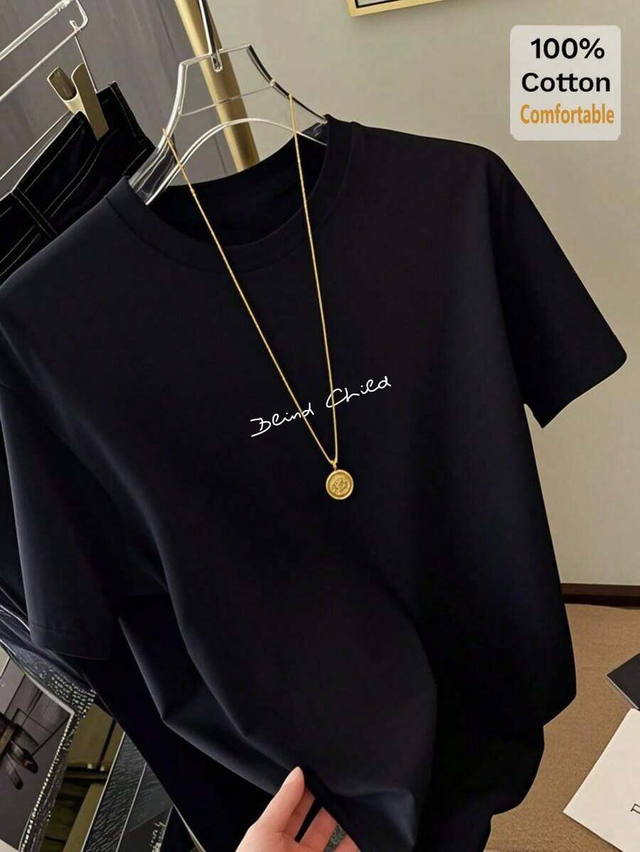 Nueva camiseta de mujer de longitud media con estampado inglés blanco puro, estilo casual de verano, camiseta base con diseño moderno. # 3333 Camiseta Casual de Verano Estilo Vintage Urbano Unisex de Algodón Holgada de Manga Corta con Cuello Redondo - Negro - Ver 1