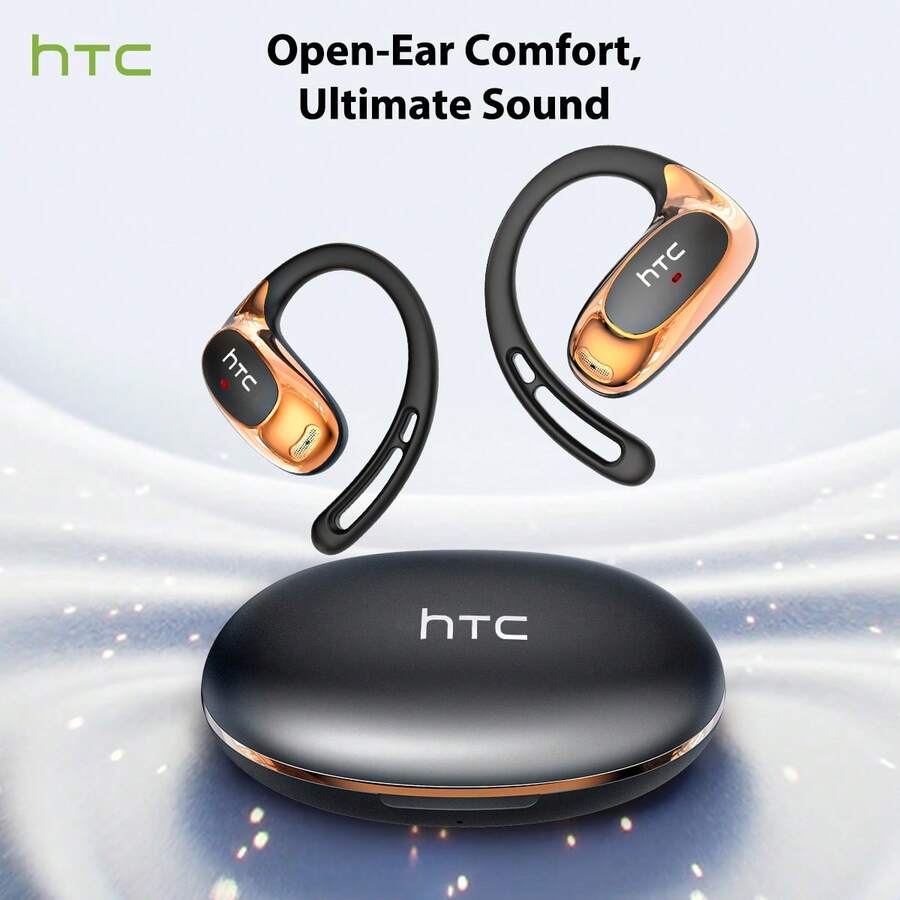 HTC NE35 Bluetooth 6.0 AI Translation Earphone, OWS Sports Wireless Earbuds dengan Mikrofon, Desain Pengait Telinga Ultra Ringan yang Nyaman, Rose Gold