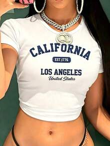 Cute Unisex Premium Casual T-Shirts - Women's Vintage California Los Angeles Graphic T-Shirt - Casual Crew Neck, Short Sleeve, Cotton, Machine Washable, EST 1776 2025 Print - 白色 2 - 查看 3