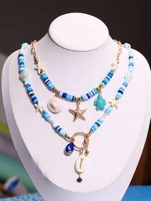 Set de 2 collares con cuentas de conchas marinas azules, estrellas de mar y tortugas, joyas de arcilla polimérica con elementos oceánicos, adecuados para uso diario y playa de mujeres - Multicolor - Ver 5