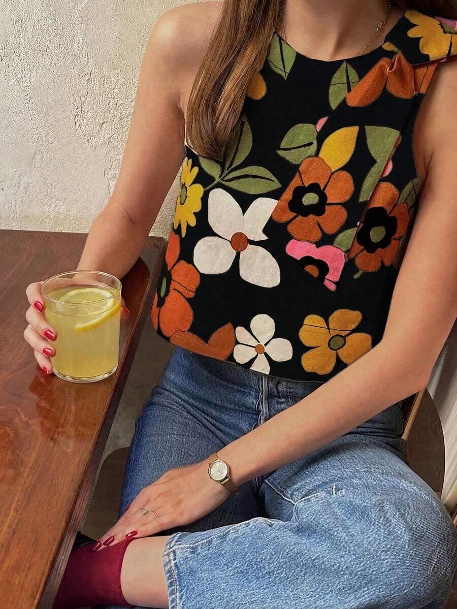Camiseta de mujer elegante con estampado floral diminuto, adecuada para uso diario y casual de verano en vacaciones - Negro - Ver 1