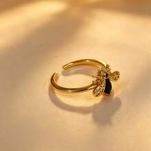 蜜蜂造型铜戒指，女士款，奢华小众风格，镶嵌微镶锆石，开口设计戒指 - 金色 - 查看 3