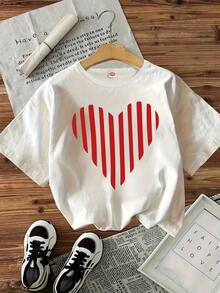 Women's Casual Short-Sleeved Round Neck T-Shirt, Ideal For Comfortable Wear In Spring And Summer, With Striped And Heart Patterns, Versatile And Cute. - White - View 7