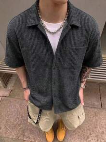 Men's Casual Commuter Ribbed Texture Cuban Collar Shirt - Dark Grey - View 2