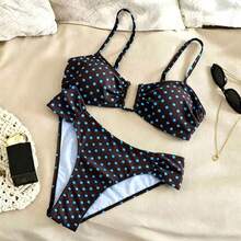Conjunto de traje de baño elegante y grácil para mujer, diseño de patchwork de lunares en blanco y negro, busto con aro en forma de U, tirantes ajustables y cierre trasero sin espalda, shorts con fruncido lateral, adecuado para playa o vacaciones en primavera/verano - Azul - Ver 9