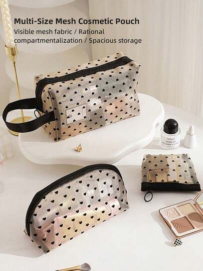 Heart-Shaped Mesh Cosmetic Bag Set, Heart-Shaped Mesh Makeup Bag With Zipper, Portable Mesh Storage Pouch Suitable For Home, Office, Travel, Black, Christmas, Holiday Gift, Bohemian Style