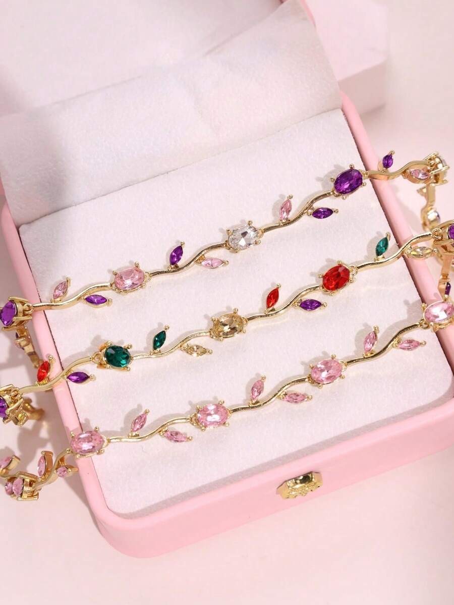 3pcs/Set Gold Colored Crystal Flower Bracelet, Fashionable Unique Luxury Vintage Colorful Branch Bracelet Set, Women Gift, Suitable For Daily Wear, Festivals And Parties - Multicolor - View 1