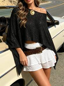 Women Sequin Knit Cape Top, Fashionable Round Neck Blouse, Perfect For Beach Vacations And Bikini Tops - Black - View 3