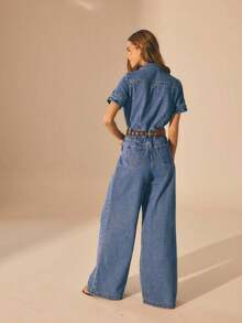-F Mono de mezclilla casual de manga corta y pierna larga para mujer, estilo de ropa de calle Y2K de Estocolmo, para verano/invierno - Azul lavado medio - Ver 2