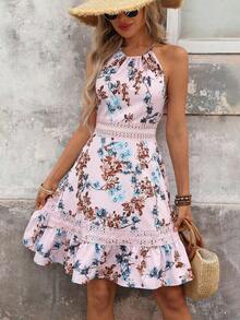Vestido de verano con estampado floral y encaje de contraste para mujer - Lila Púrpura - Ver 2