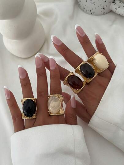 1 pieza/Set de 5 piezas Anillos de banda ancha con incrustaciones de rayas metálicas geométricas exageradas y piedras falsas, anillos de lujo elegantes y de moda, adecuados para boda, fiesta, vacaciones, casual, ropa de calle, para mujeres y parejas, vacaciones, cumpleaños y otras ocasiones, regalo versátil