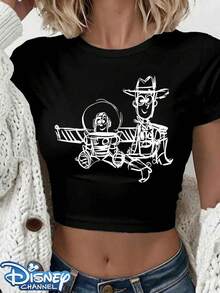 Authentic Disney Buzz Lightyear & Woody Hand-Drawn Line Drawing Print Design, Women's Casual Round Neck Slim Fit Short T-Shirt, Summer Basic Polyester Fiber Top, Versatile For Everyday Wear And Outings, Comfortable And Loose, The Perfect Gift Choice, Washable, Holiday Outfits For Women, Festival Outfits, Women's Linen Shirt, Women's White Top.The Sizing Runs Small; If You Prefer A Loose Fit, Please Choose One Size Up. - màu đen - Xem 1
