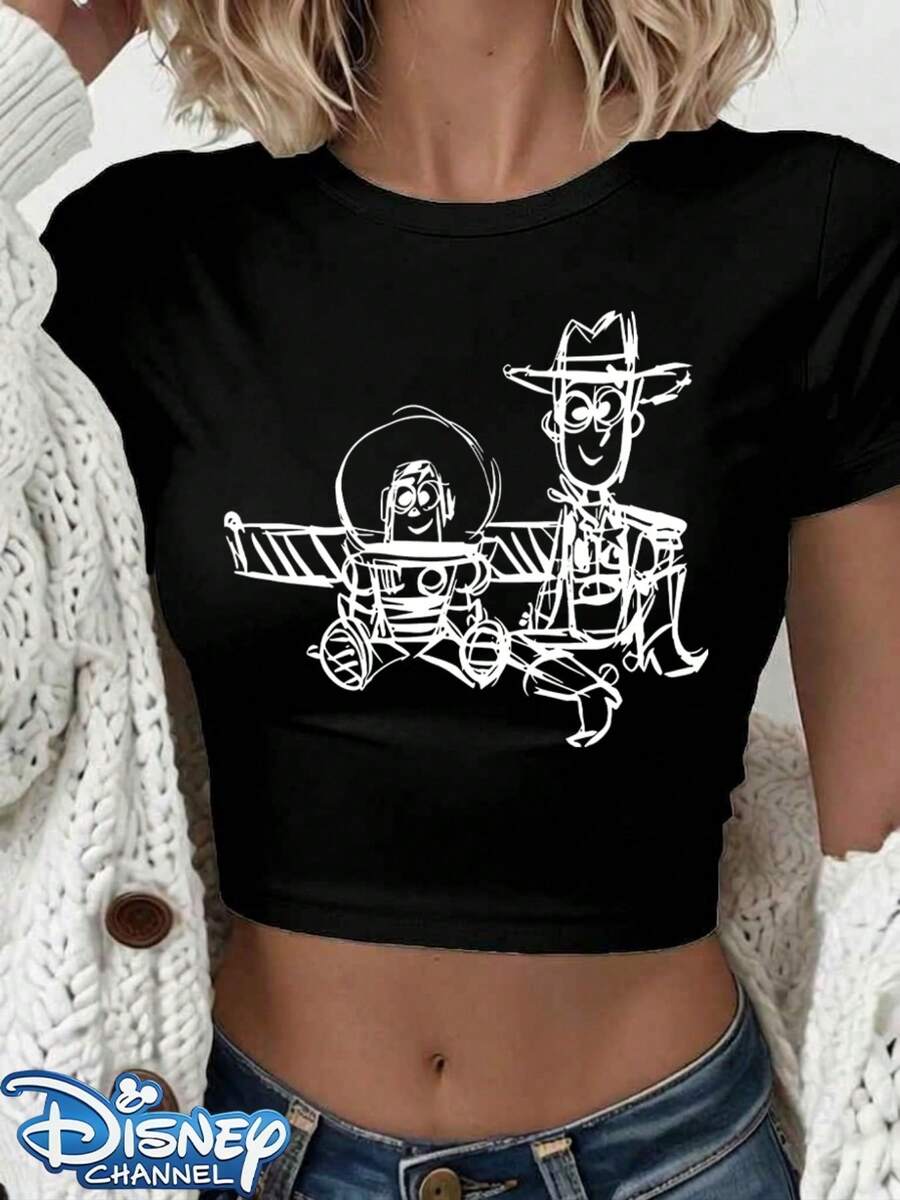 Authentic Disney Buzz Lightyear & Woody Hand-Drawn Line Drawing Print Design, Women's Casual Round Neck Slim Fit Short T-Shirt, Summer Basic Polyester Fiber Top, Versatile For Everyday Wear And Outings, Comfortable And Loose, The Perfect Gift Choice, Washable, Holiday Outfits For Women, Festival Outfits, Women's Linen Shirt, Women's White Top.The Sizing Runs Small; If You Prefer A Loose Fit, Please Choose One Size Up. - màu đen - Xem 1