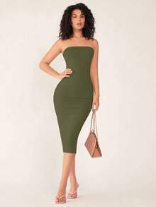 Vestido casual de cena ajustado sin tirantes y de silueta ceñida para mujer - Verde militar - Ver 7