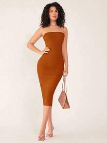 Vestido casual de cena ajustado sin tirantes y de silueta ceñida para mujer - Marrón - Ver 6
