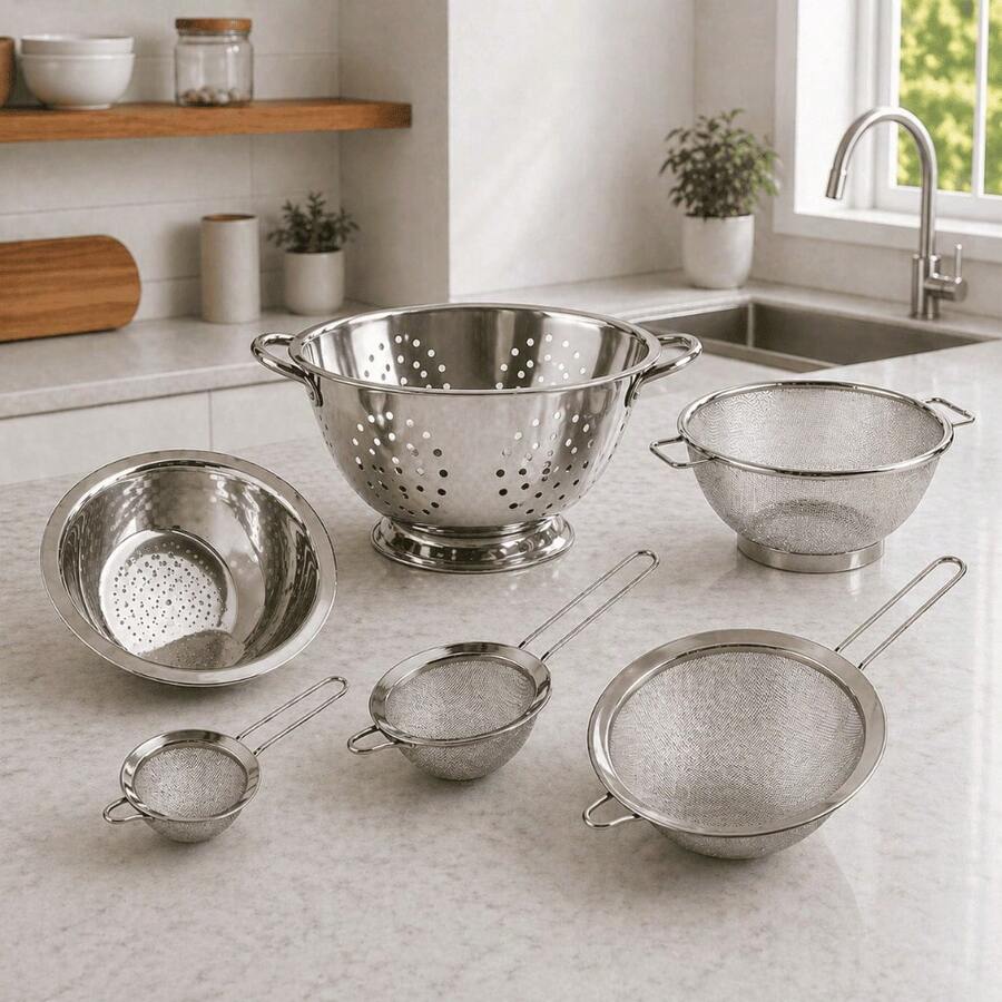 6-Piece Set: Rice Strainer + Pasta Strainer + Mesh Strainer + 3 Stainless Steel Sieves - Juego de 3 tamices de acero inoxidable - Ver 1
