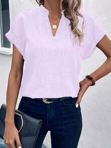 Camisa de verano para mujer de unicolor con escote en V estilo murciélago, manga corta - Morado - Ver 1