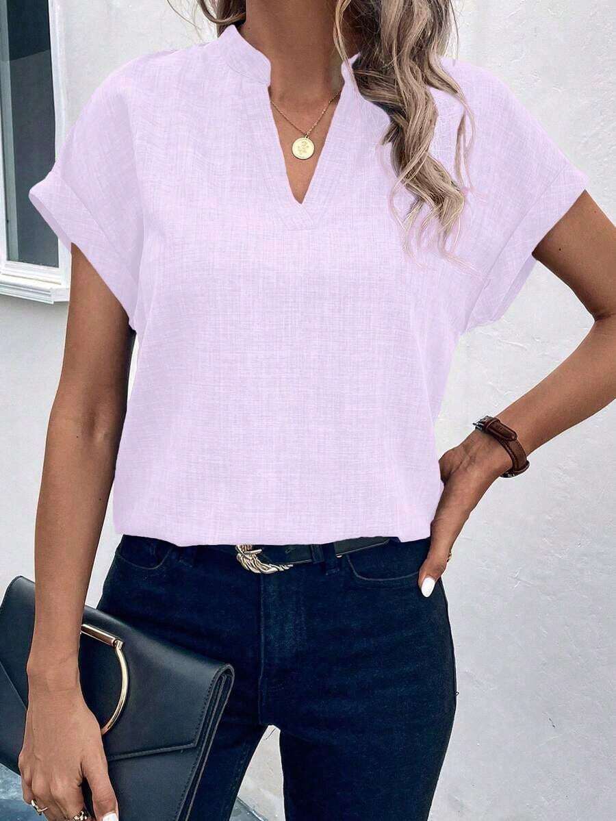 Camisa de verano para mujer de unicolor con escote en V estilo murciélago, manga corta - Morado - Ver 1