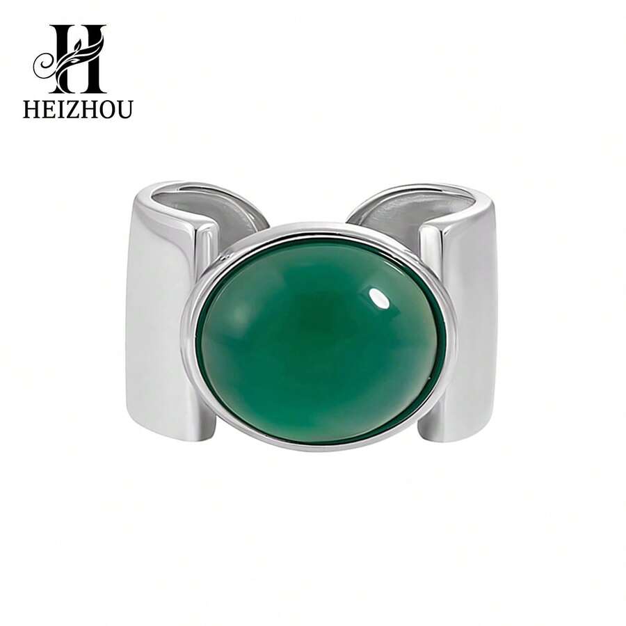 Nhẫn đá mã não trắng hình bầu dục dày dặn, bạc sterling 925, kiểu dáng thời trang, có thể điều chỉnh kích cỡ, dành cho nữ, trang sức đeo hàng ngày. - Bạc - Xem 1