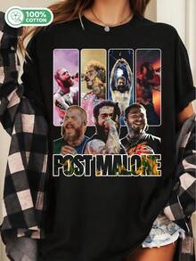 Posty Malone Live Performance Collage Unisex Cotton T-Shirt Hip Hop Rapper Graphic Streetwear Tee - Black - View 1