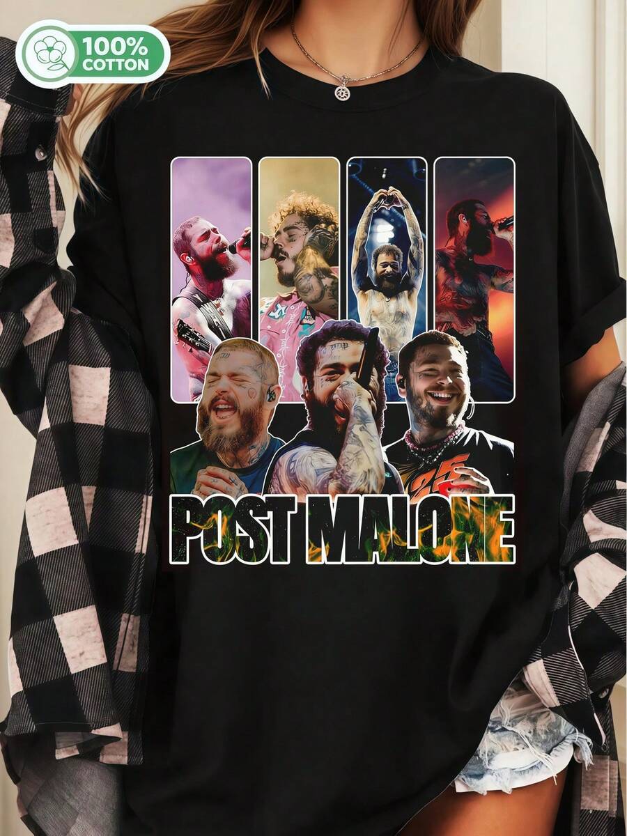 Posty Malone Live Performance Collage Unisex Cotton T-Shirt Hip Hop Rapper Graphic Streetwear Tee - Black - View 1