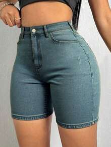 Shorts vaqueros elásticos de corte ajustado con decoración de bigotes de gato para mujer, estilo casual de verano, adecuados para vacaciones, playa, conciertos, festivales de música, creando - Azul marino - Ver 4
