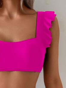 Conjunto de traje de baño para mujer, conjunto de unicolor con escote cuadrado tipo bandeau, tirantes con volantes - Rosa Fucsia 2 - Ver 4