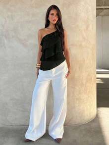 Nueva blusa elegante y romántica de primavera/verano para citas, Día de San Valentín, temporada de bodas, de gasa rosa con un hombro, espalda descubierta, volantes en capas, blusa sexy con volantes para la playa, atuendo de boda, camisa rosa elegan - Negro - Ver 5